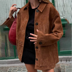 JazzHer Retro Lapel Long Sleeve Button Jacket Coat Women's Solid Fashion Loose Pockets Splice Autumn New Lady High Street Outwear