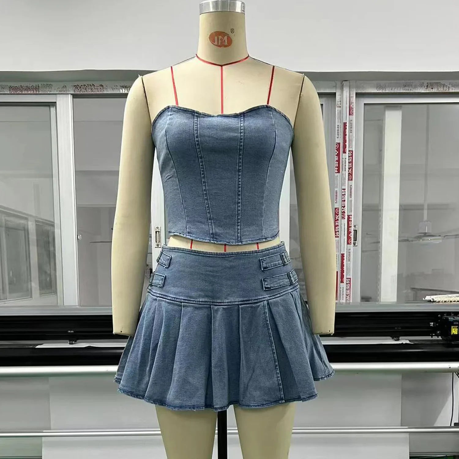 JazzHer Denim Dress Sets Strapless Pullover Tops Solid Pleated Mini Skirts Spliced High Waist Skirt Matching Sets Streetwear Autumn