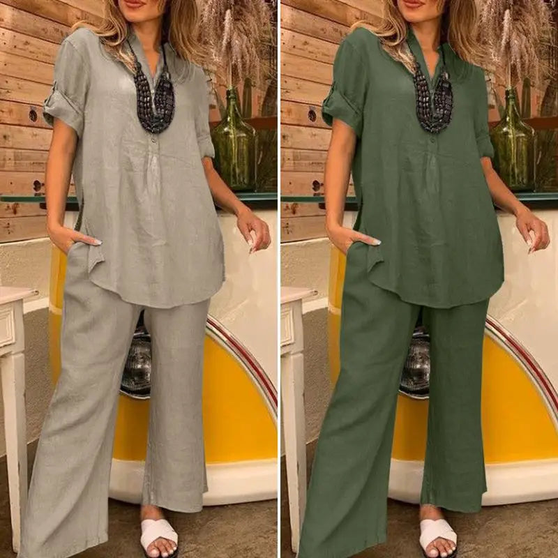 JazzHer Summer Women Two Piece Sets Shirt V Neck Buttons Solid Colour Blouses Wide Leg Straight Pants Suit 2024 Casual Loose Ensemble