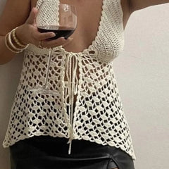 JazzHer Beach Style Crochet Halter Tops Vintage Knitted Front Tie Up Tank Vest Women Sexy Backless Crop Tops Y2K Clothes Summer Holiday