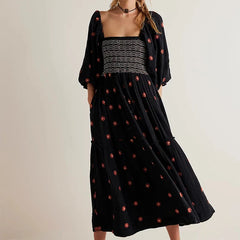 JazzHer Beach Style Holiday Ruffle Swing A Line Maxi Dress Bohemian Floral Dress Women Lady Square Neck Long Sleeve Club Party Dress