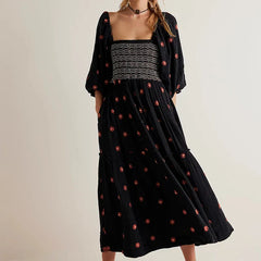 JazzHer Bohemian Floral Dress Women Square Neck Ruffle Swing A Line Maxi Dress Long Sleeve Beach Style Holiday Lady Club Party Dress