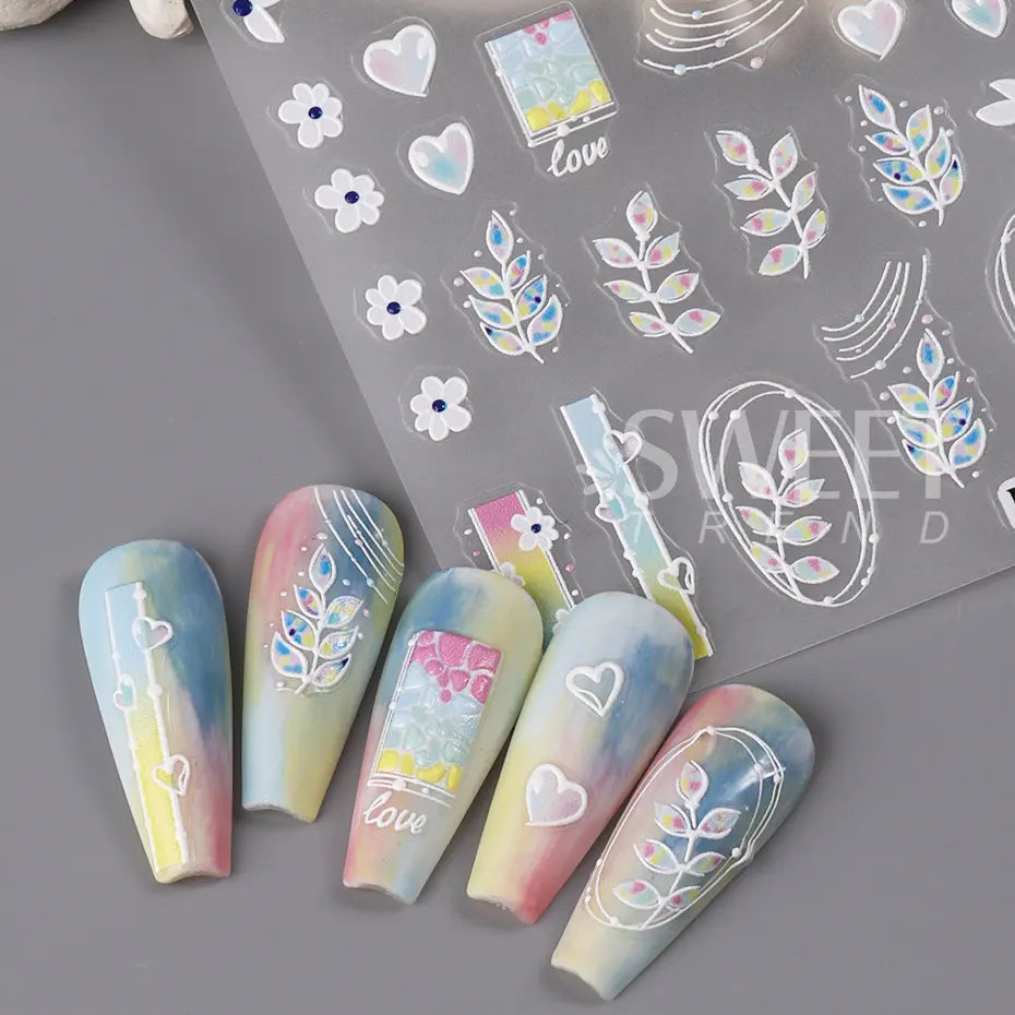 JazzHer 5D Embossed Flower Nail Stickers Colorful Simple DIY Wildflower Daisy Geometric Lines Gel Polish Decals Wedding Engraved Slider