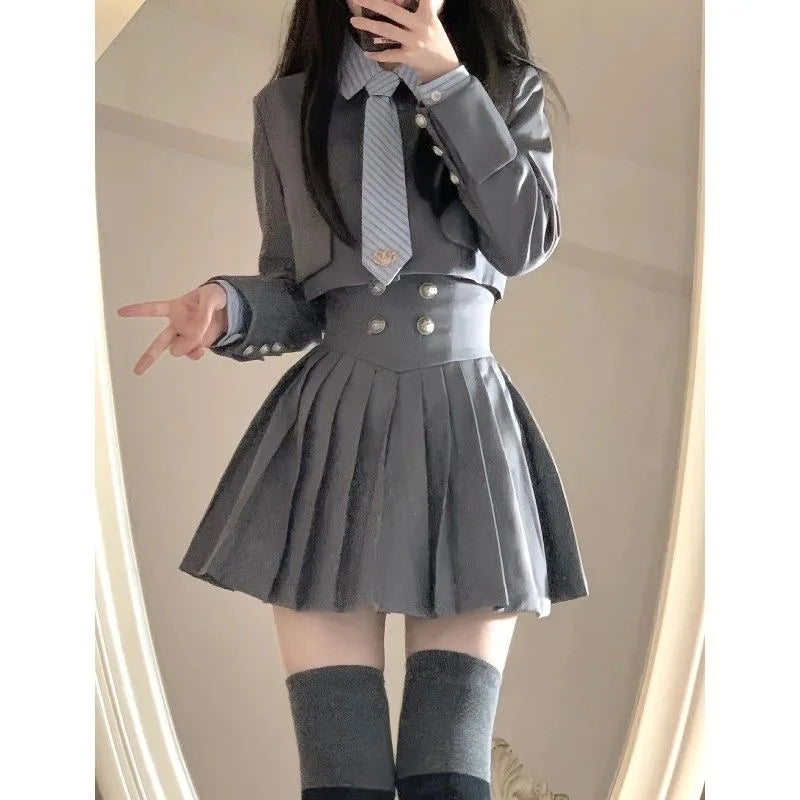 JazzHer 2024 New Elegant 3 Piece Set Skirt Woman Stripe Shirt + High Waist Y2k Mini Skirt + Short Coat Fashion Suit Preppy Style Summer