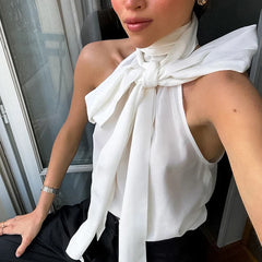 Black Friday JazzHer Fashion Elegant White Bow Lace Up Halter Neck Vest Top Women's Sleeveless Turtleneck Summer New Vest Pullover Streetwear