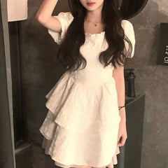 JazzHer Elegant Dress for Women Short Sleeve Party Fashion Dresses Solid Square Collar Puff Sleeve 2024 NewSpring Summer Dress