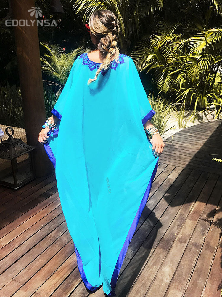 JazzHer 2024 Blue Bohemian Embroidered Batwing Sleeve Side Split Summer Beach Dress Chiffon Tunic Women Plus Size Beachwear Kaftan Q746