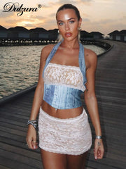 JazzHer Matching Suit Lace Patchwork Halter Vest Crop Top Mini Skirt Party Clothes Clubwear Birthday Wholesale Drop Shipping