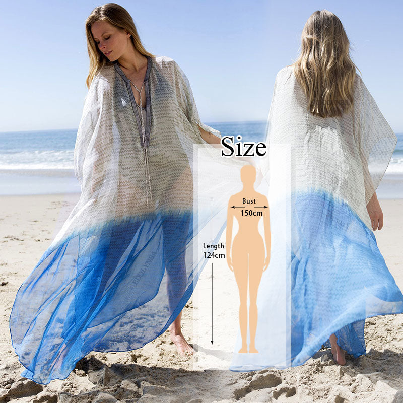 JazzHer 2024 Blue Bohemian Embroidered Batwing Sleeve Side Split Summer Beach Dress Chiffon Tunic Women Plus Size Beachwear Kaftan Q746