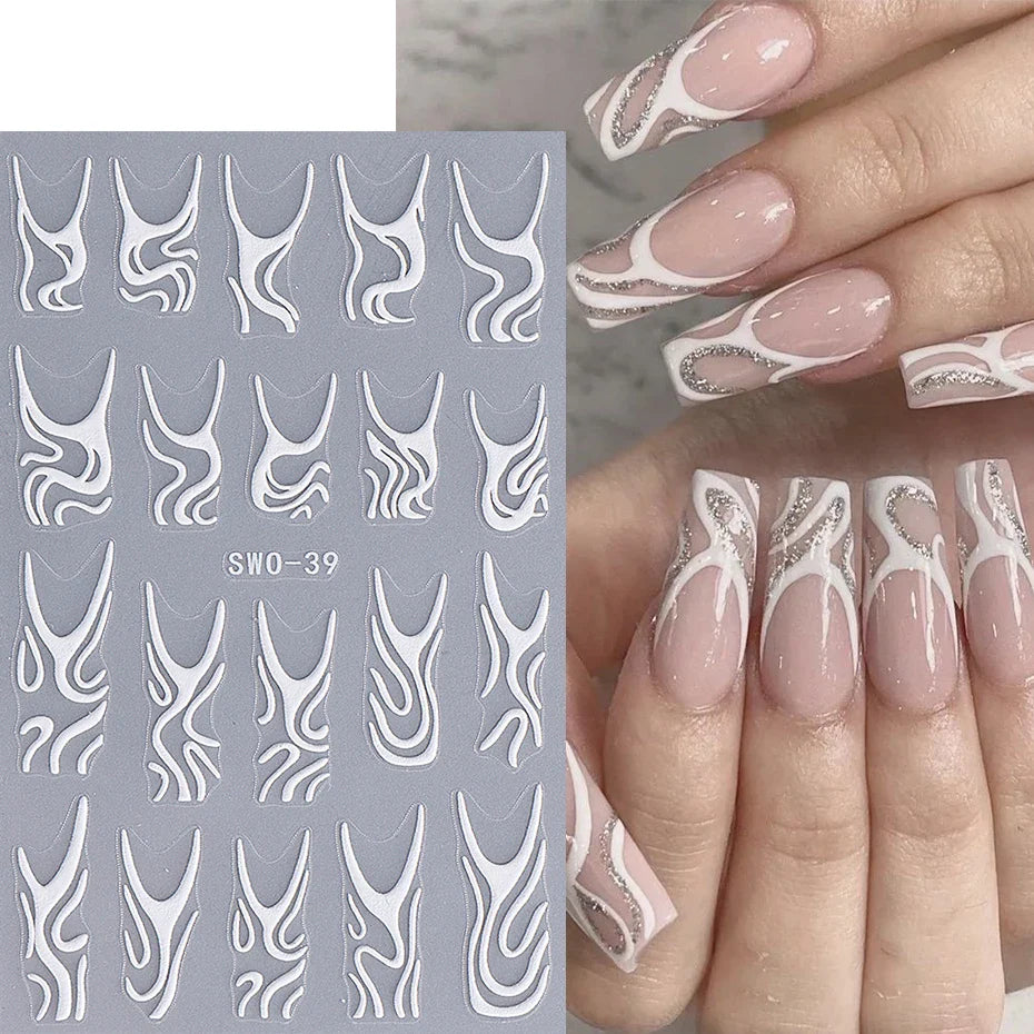 JazzHer French Abstract Lines Nail Art Stickers 3D White Swirls Lines Self-Adhesive Sliders Nail Decals Halloween Manicure Decorations