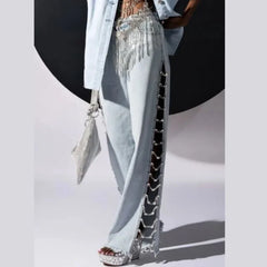 JazzHer Women Sexy Denim Wide Leg Pants Low Waist Denims Vintage Jeans Casual Trousers Hollow Out Split Diamonds Chain Floor Length