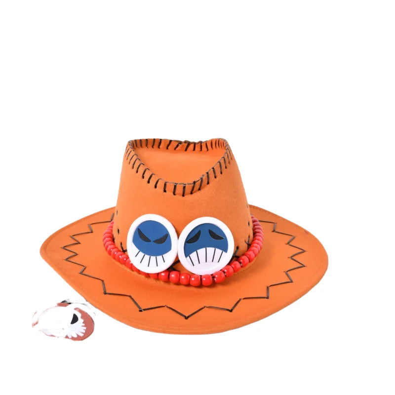 JazzHer New Arrival Anime Ace Cosplay Hats Unisex Luffy Ace Orange Cowboy Cap for Kids Adult Halloween Carnival Cosplay Accessories