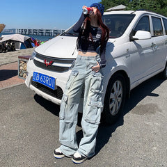 JazzHer Long Pants Denim Straight Buttoned High Waist Streetwear Jeans Vintage Slight Blue Jeans Y2k Work Summer Blue Jeans Capris