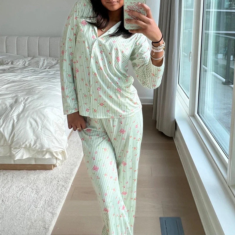 JazzHer Cute 2 Piece Set Home Loungewear Y2K Vintage Print Button Up Long Sleeve Blouse T-shirt Tops + Pants Women Pajamas Sleepwear