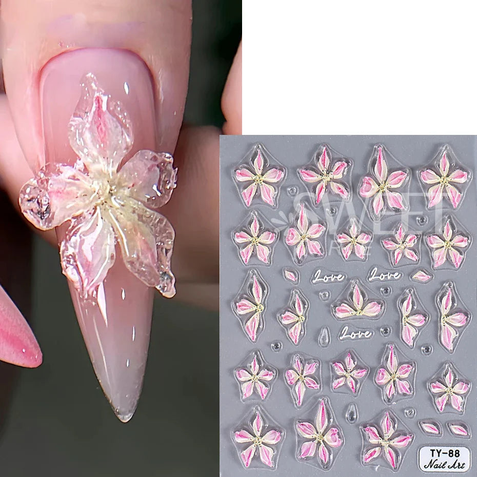 JazzHer 5D Nail Sticker Jelly Lily Flower Nail Art Decals Decorations Acrylic Adhesive Gel Sliders Stickers Summer Manicure Accessories