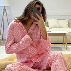 JazzHer Women Lounge 2 Piece Set Home Sleepwear Plaid Pajamas Set Vintage Button Up Blouse Long Sleeve T-shirt Tops + Wide Leg Pants