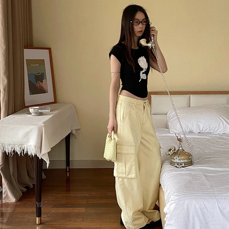 JazzHer Jeans Ankle Length Straight Loose Fit Women Cargo Pants Vintage Solid Pockets Denim Spliced Washed 2024 Summer High Street