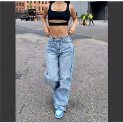 JazzHer Full Length Women Jeans Solid Distressed Denim Straight Pants Pockets Loose Casual Mid Waist Basics Zipper Fly Flat Washing