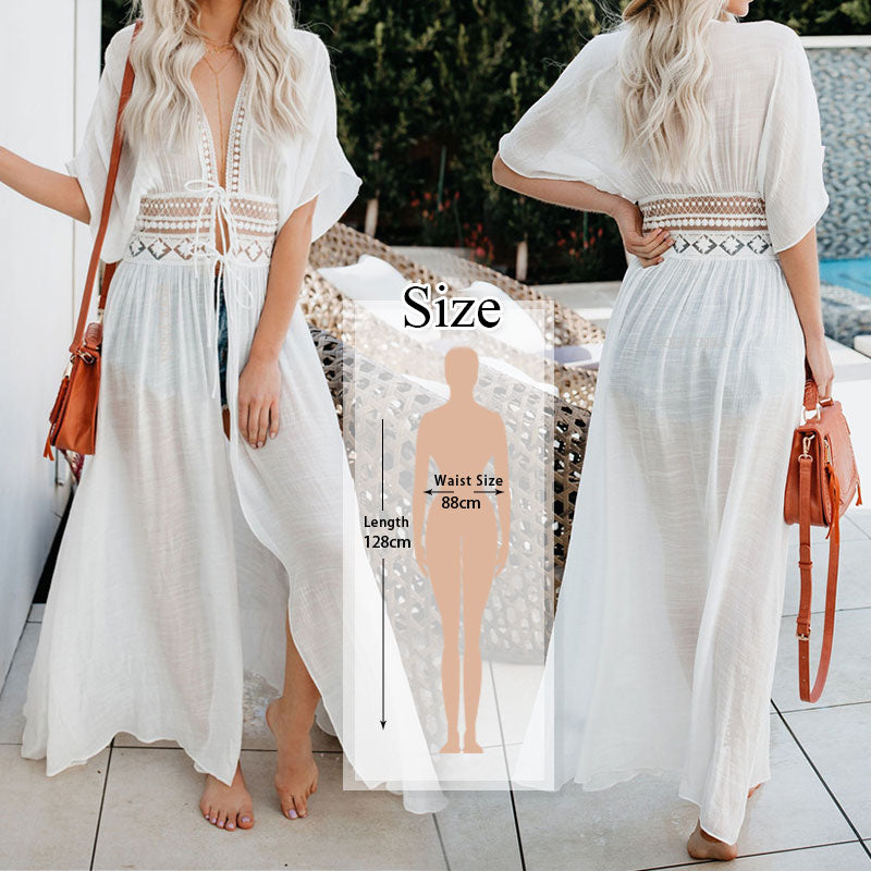 JazzHer Elegant Women Tunic Summer Fashion Long Beach Dress Sexy Patchwork Short Sleeve Front Open White Robe Dress Pareos Q561