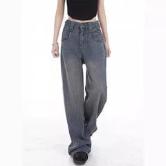 JazzHer Full Length Straight Jeans Women High Waist Zipper Fly Washed Vintage Denim Loose Fit Pockets Spliced Basics 2024 Distressed