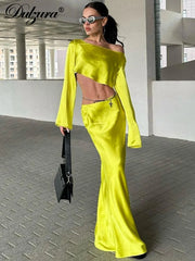 JazzHer Matching Suit Satin Skew Collar Long Sleeve Top Camisole Maxi Skirt Classic Prom Elegant 2024 Summer Women Y2K