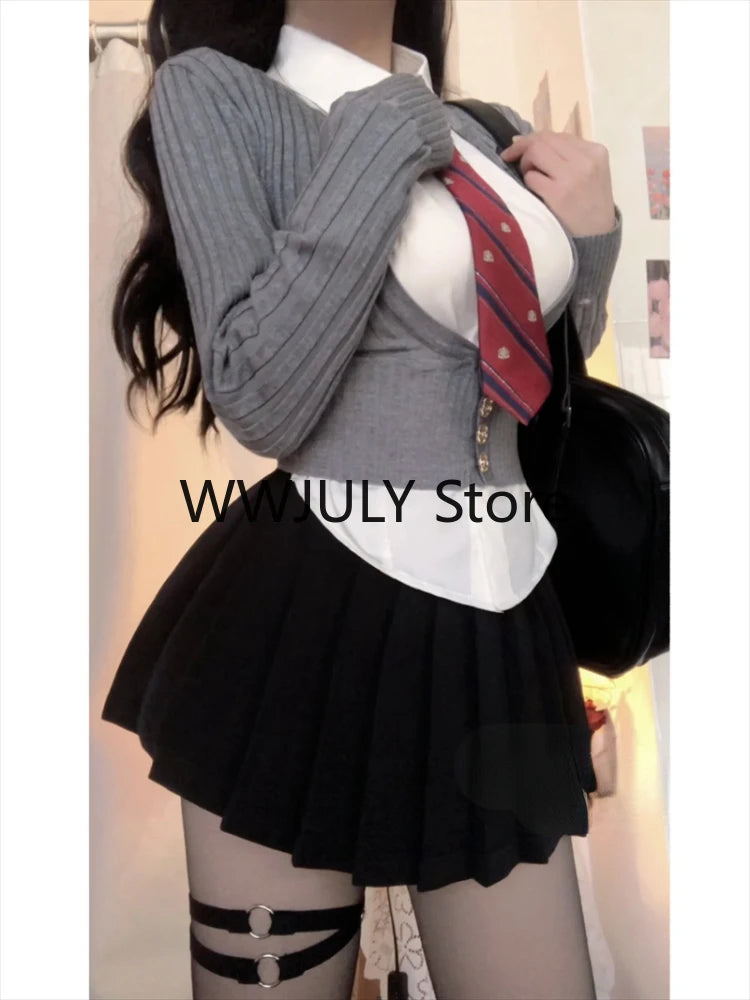 JazzHer 2024 Fall Fashion 2024 Japanese Uniform Suit Woman Grey Slim Knitted Sweater Tops Black Bodycon Y2k Mini Skirt College Fashion 3 Piece Set Girl