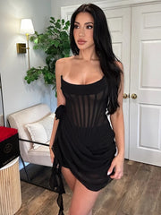 JazzHer Chiffon Mesh Corset Flower Drape Mini Dress For Women Strapless Off-shoulder Backless Bodycon Club Party Sexy Dress