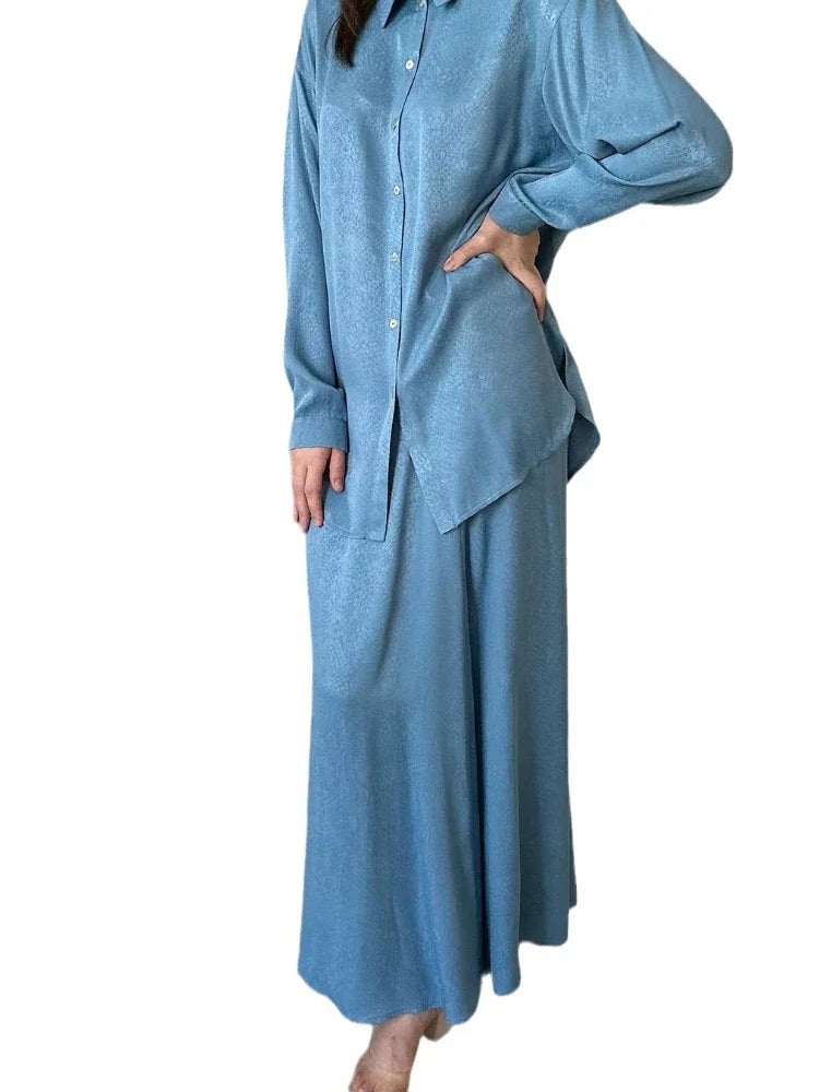 JazzHer Ramadan Two Piece Sets Shirt &Pants woman women Suits Shirt Blouse Musulman Ensembles Moroccan Kaftan Islamic Dress Sets