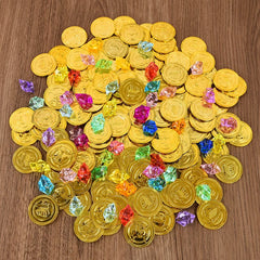 JazzHer 200Pcs/set Pirate Gold Coins Gems Jewelry Treasure Toy Kids Pirate Party Decoration Favors Birthday Gift Cosplay Props Halloween