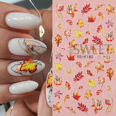 JazzHer 5D Embossed Butterflies Shape Fall Leaves Nail Stickers Self-adhesive Decals Mushroom Maple Pumpkin Engraved Slider Autumn Decor