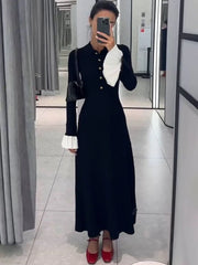 JazzHer Flare Sleeve Splice Knitted Long Dress For Women Casual High Waist Button Lapel Sweater Dress Elegant Autumn Party Dress