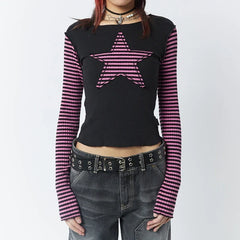 JazzHer Gothic Mall Goth Tees y2k Star Patched Striped Long Sleeve T-shirt Harajuku Grunge O Neck Slim Fit Crop Tops Streetwear