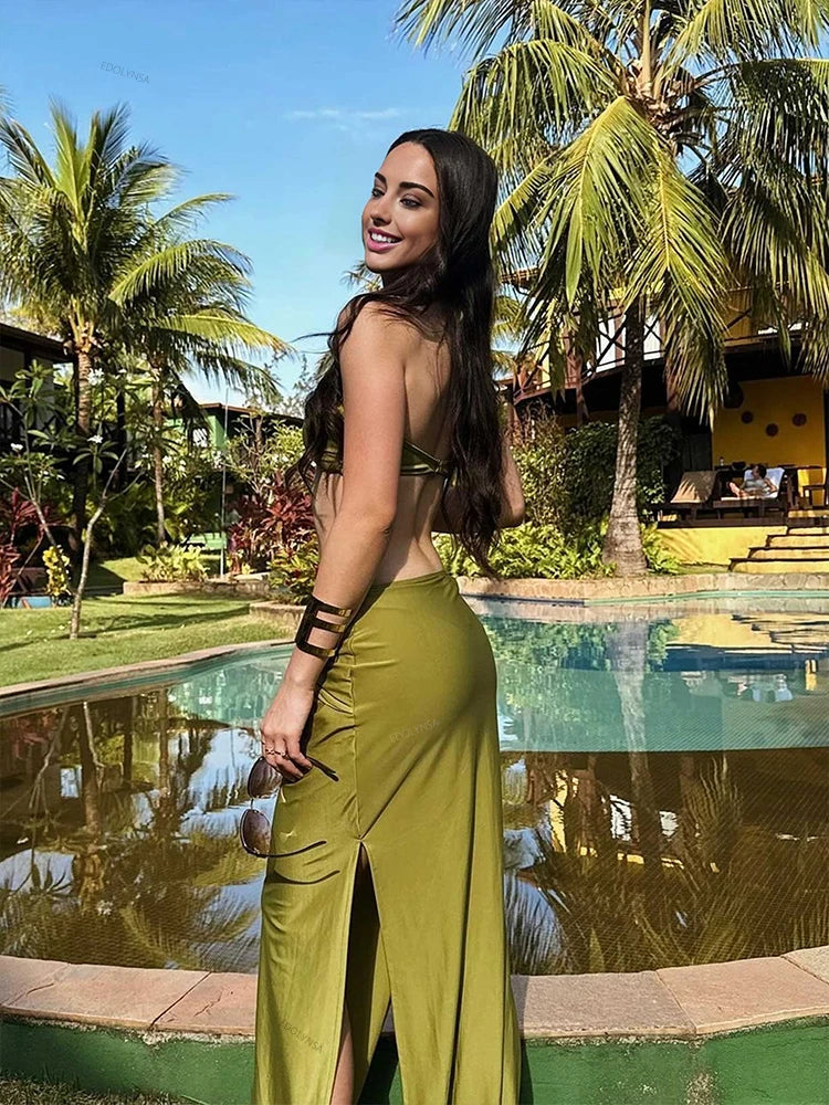 JazzHer 3 Pieces Bikini Sets Female Swimwear 2025 Sexy Bandeau Swimsuit Halter Bathing Suit Cvoer ups Beach Maxi Dress Long Skirt K154