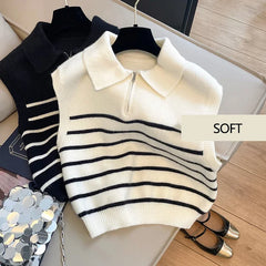 JazzHer Retro lapel zipper stripe knitted waistcoat women Autumn Winter Korean fashion sleeveless sweaters casual simple pullover vest