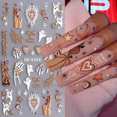 JazzHer 5D Glitter Halloween Embossed Nail Stickers Decals Pumpkin Spider Web Ghost Bone Nail Art Gel Sliders Embossed Manicure Deco