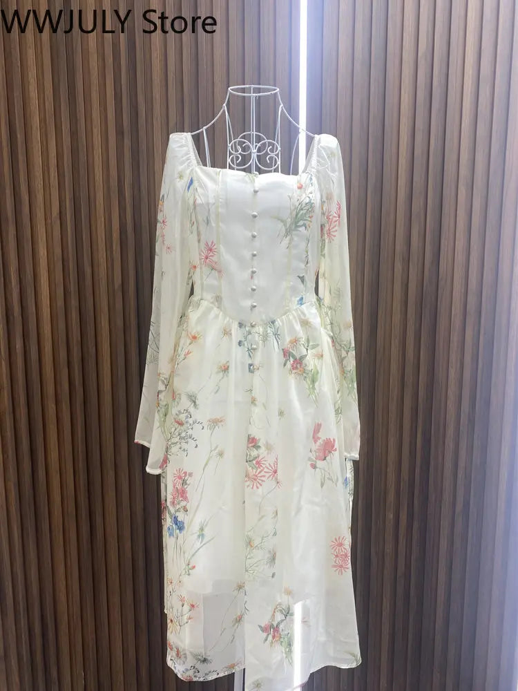 JazzHer Chiffon Floral Midi Dress Office Lady 2024 Summer Elegant One Piece Dress Korean Fashion Beach Style Causal Long Sleeve Sundress