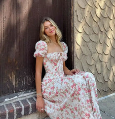 JazzHer-Suninheart Summer Square Neck Pink Floral Print Dress Elegant Midi Puff Sleeve Slim Dress for Party Holiday Women Dress 2024