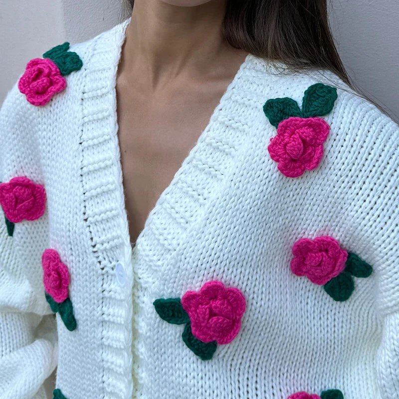 Black Friday JazzHer 3D Rose Flower Knitted Cardigan Female 2024 Autumn Winter Hand-Knitted Sweater Jacket V Neck Fashion Splice Casual Top