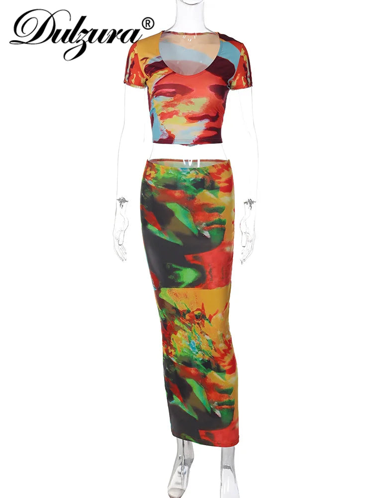 JazzHer Women Y2K Clothes Tie Dye Print 2 Piece Short Sleeve Crop Top High Waist Bodycon Maxi Skirt Matching Set Club Streetwear