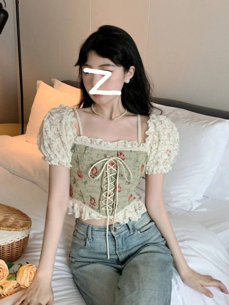 JazzHer Casual Floral Y2k Crop Tops Woman Outwear Slim Short Sleeve Elegant Blouse Office Lady Korean Style Fashion Pullover 2024 Summer