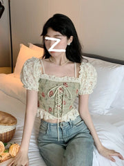 JazzHer Casual Floral Y2k Crop Tops Woman Outwear Slim Short Sleeve Elegant Blouse Office Lady Korean Style Fashion Pullover 2024 Summer