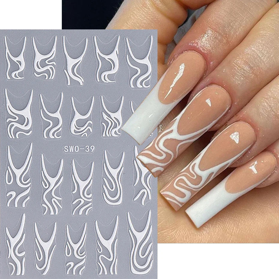 JazzHer French Abstract Lines Nail Art Stickers 3D White Swirls Lines Self-Adhesive Sliders Nail Decals Halloween Manicure Decorations