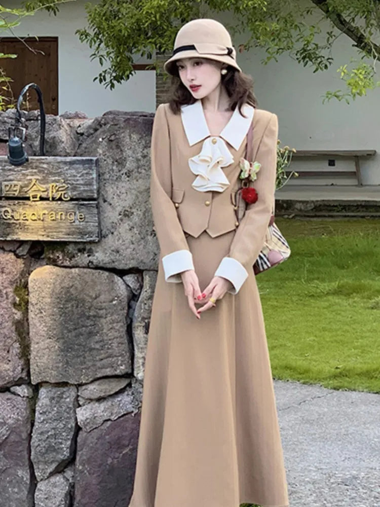 JazzHer French Women Autumn 2 Pieces Set Elegant Long Sleeve Blazer Bow Top Casual A-line Midi Skirt 2024 Spring Solid Lady Clothes