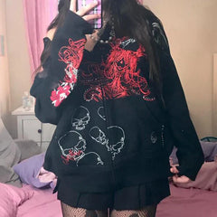 JazzHer 2024 Fall Fashion Vintage Dark Academia Harajuku Zip Up Hoodies Gothic Grunge Skull Print Sweatshirts Autunm Spring Y2K Aesthetic Coat Tops