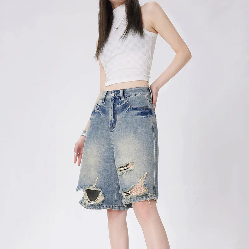 JazzHer Distressed Knee Length Jeans Vintage Hole Denim Pants Women Ripped Wide Leg Jean High Waist Pockets Loose Fit Casual 2024