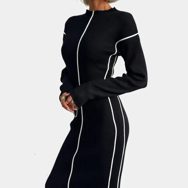 JazzHer Elegant Line Knitted Dress For Women Slim Fit Hip-Covering Long Sleeve Round Neck Long Dresses 2024 Autumn Commuting New