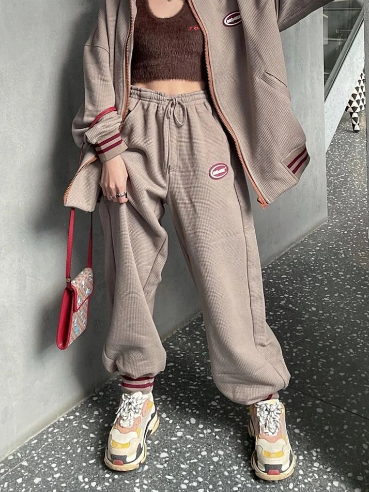 JazzHer-Vintage Tracksuit Two Piece Set Women Korean Streetwear Stand Collar Zipper Sweatshirt Sportswear Set Autumn School