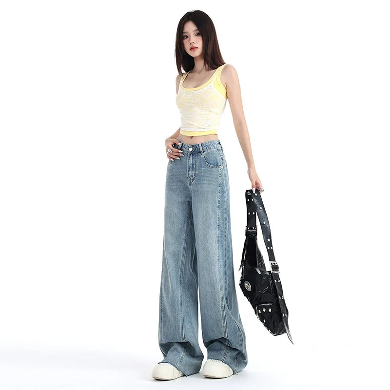 JazzHer Women Jeans Washed Vintage Straight Full Length Denim Pants Solid Pockets High Waist Washed Jean Spliced Basics Loose Fit