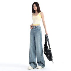 JazzHer Women Jeans Washed Vintage Straight Full Length Denim Pants Solid Pockets High Waist Washed Jean Spliced Basics Loose Fit