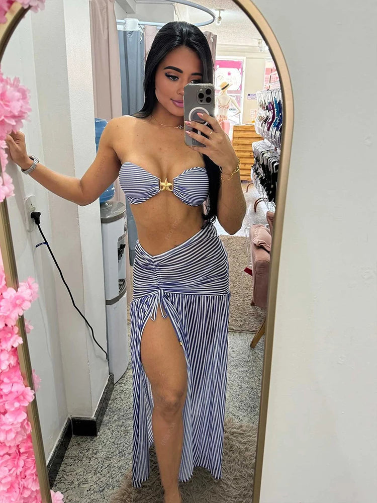 JazzHer Striped bikini 3 Piece Women Bandeau Beach Dress Starfish Bathing Suit with Swim Coverup Skirt Drawstring Pleated Beachwear S193